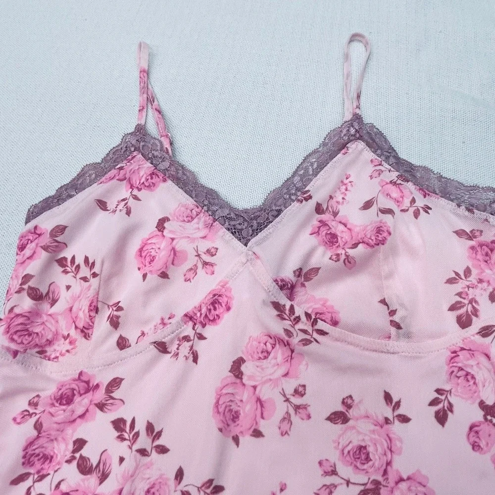 Pink Floral‎ Slip Dress Small Lace Trim Chemise Lingerie Nightgown Y2K Coquette
